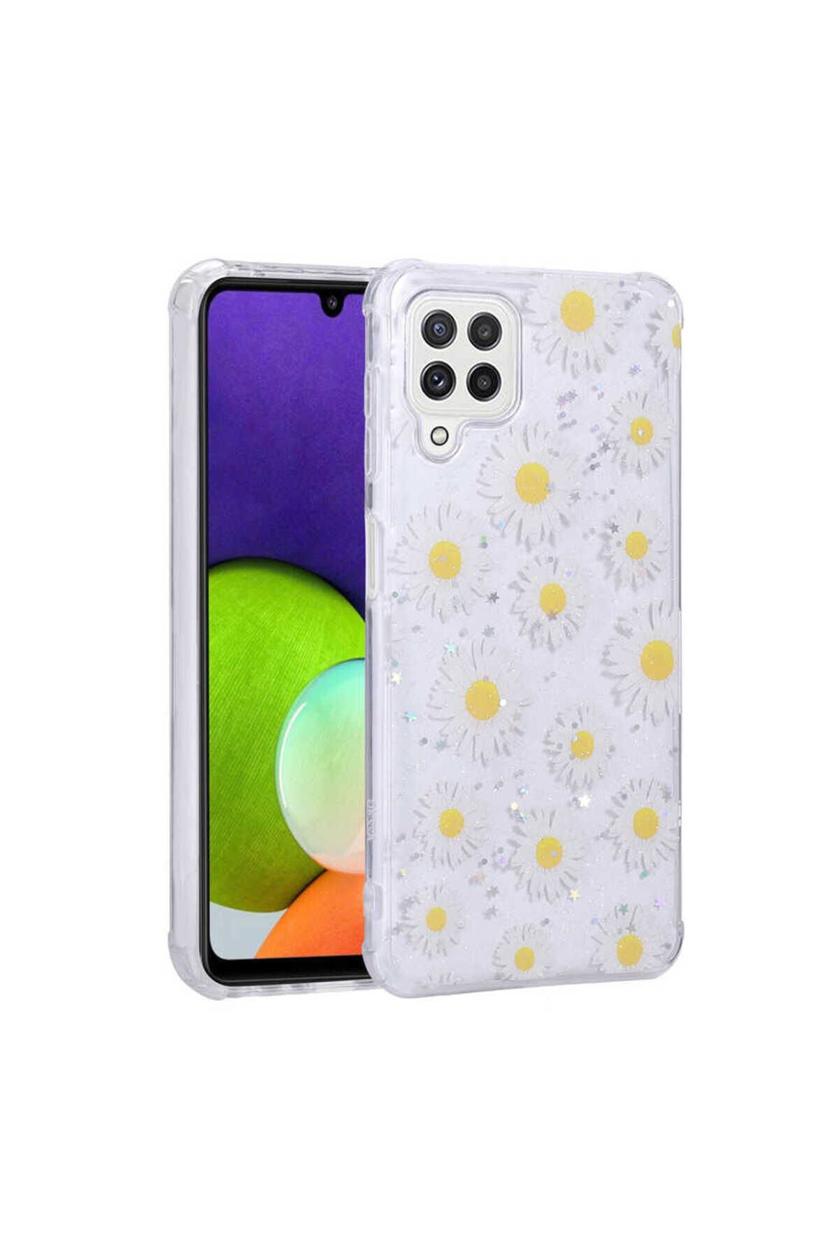 Galaxy M32 Kılıf Simli Desenli Kamera Korumalı Parlak NXAR Popy Kapak - Papatya