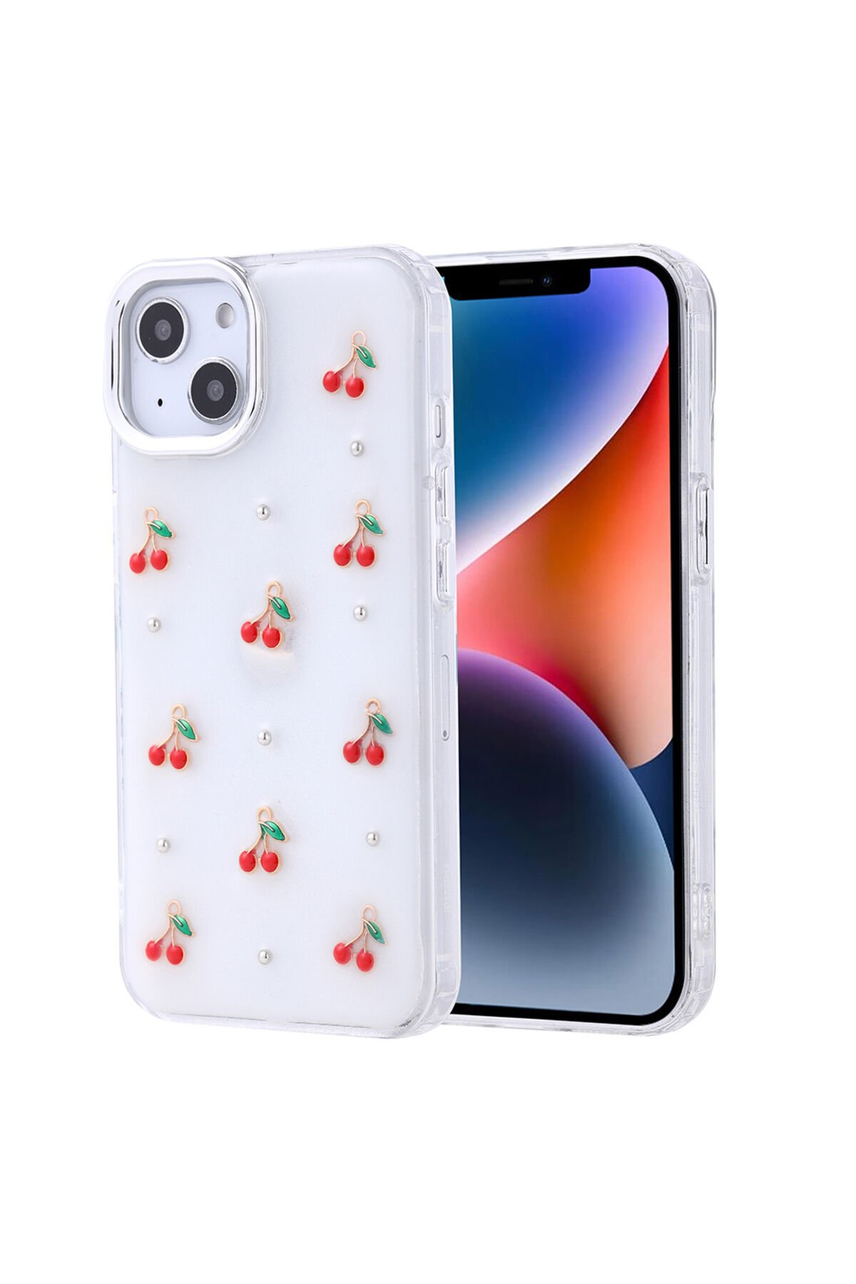 iPhone 14 Kılıf Airbag Tasarımlı Simli Şeffaf SENK Kutup Kapak - Kiraz Şeffaf