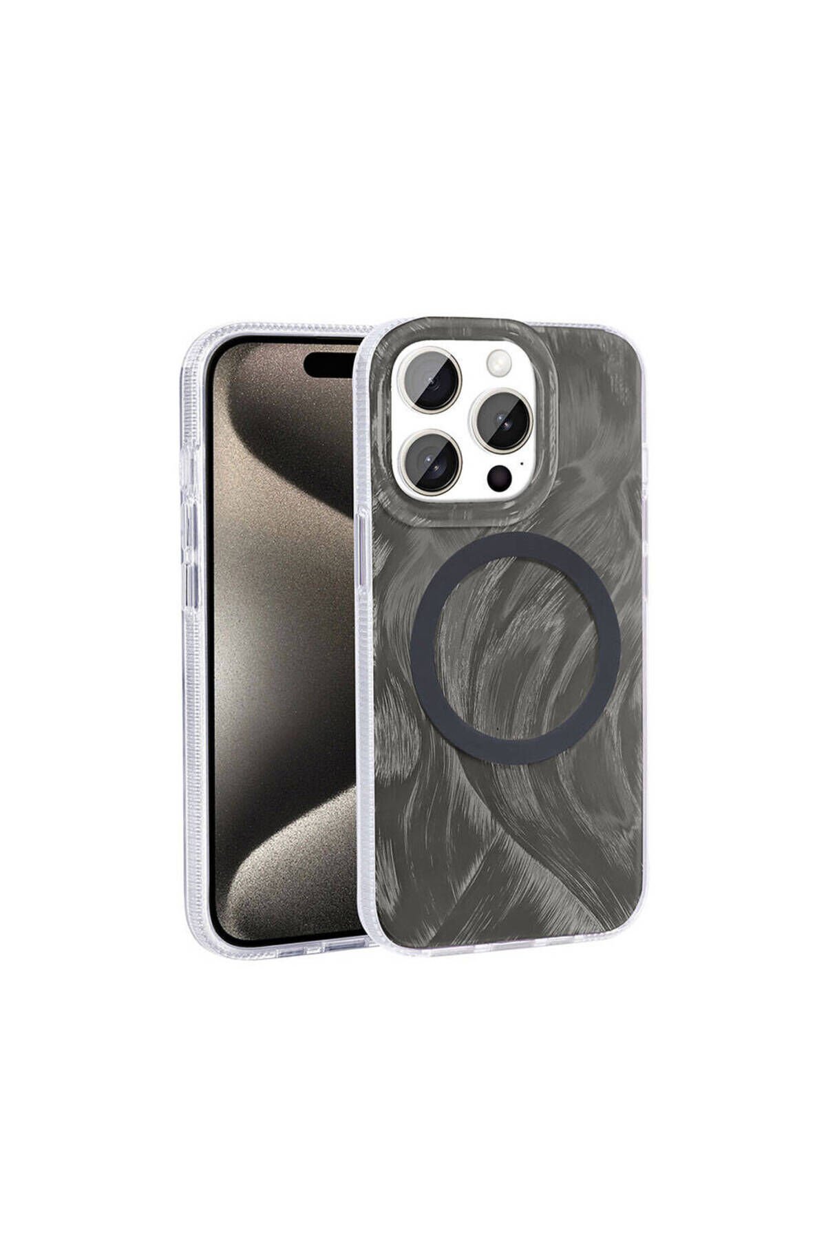 iPhone 15 Pro Kılıf Magsafe Şarj Özellikli Fırça Boya Desenli BSAY Palet Kapak - Gri Mor