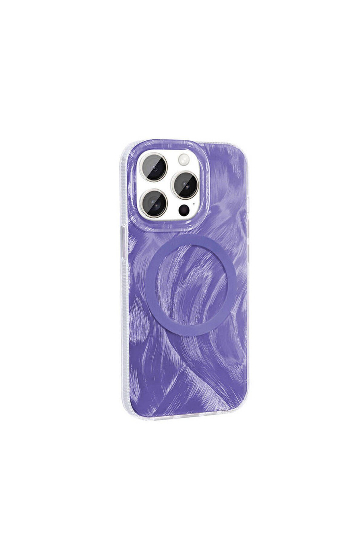 iPhone 15 Pro Max Kılıf Magsafe Şarj Özellikli Fırça Boya Desenli BSAY Palet Kapak - Pembe Mor