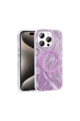 iPhone 15 Pro Max Kılıf Magsafe Şarj Özellikli Fırça Boya Desenli BSAY Palet Kapak - Pembe Gri