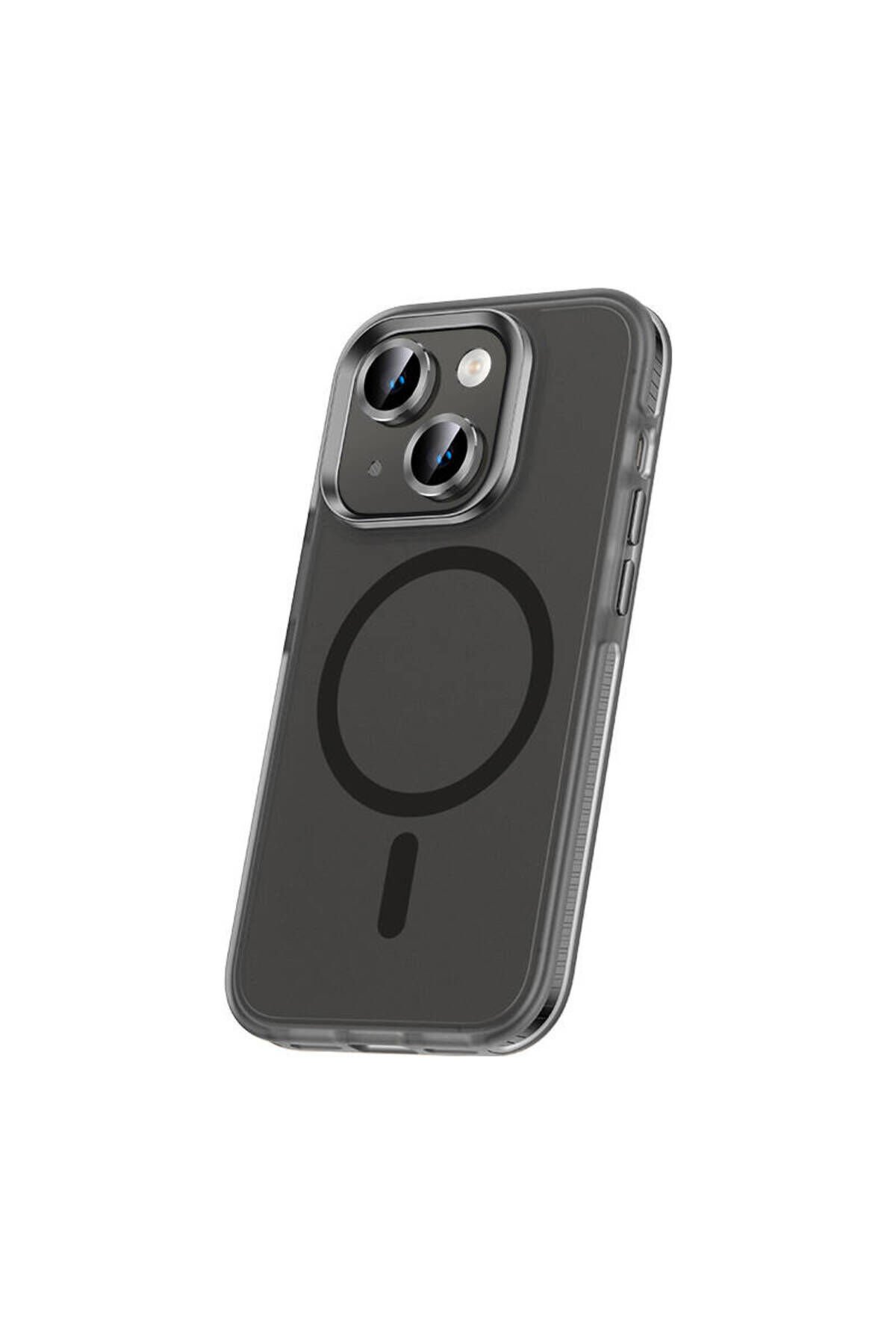 iPhone 15 Kılıf Airbagli Magsafe Wireless Şarj Özellikli Lens Koruyuculu BSAY Klaptika Kapak - Pembe Siyah