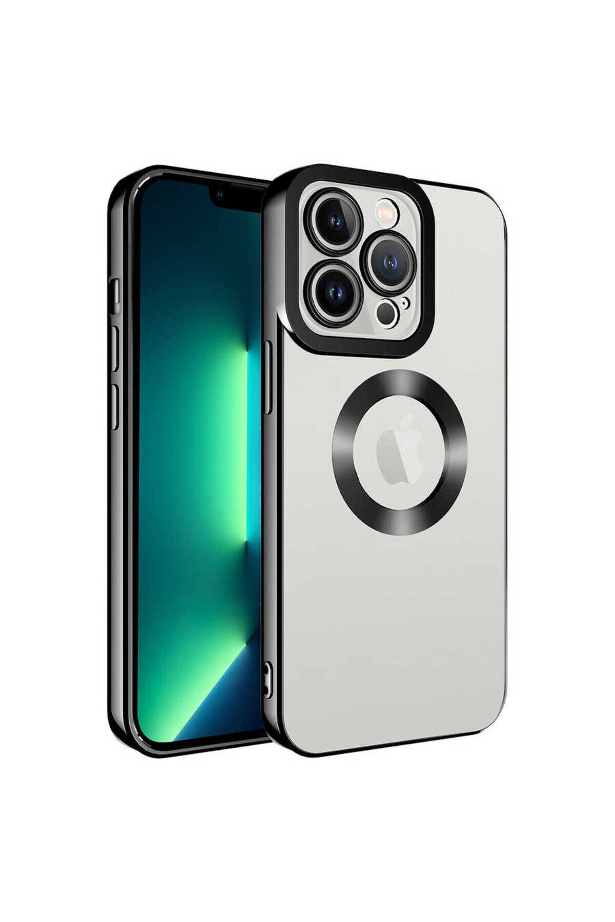 iPhone 13 Pro Max Uyumlu Kamera Korumalı Logo Gösteren BSAY Omega Kılıf-Siyah