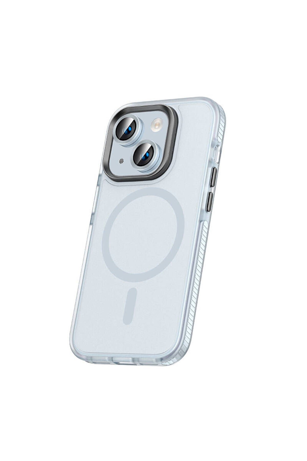 iPhone 15 Plus Kılıf Airbagli Magsafe Wireless Şarj Özellikli Lens Koruyuculu BSAY Klaptika Kapak - Mavi Açık