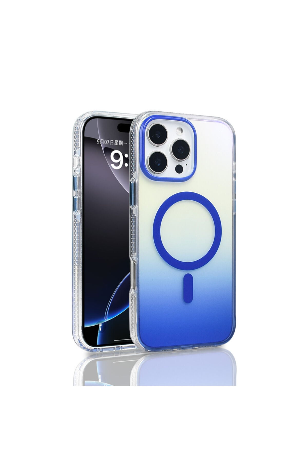 iPhone 16 Pro Max Kılıf M-safe Şarj Özellikli Transparan Renk Geçişli Zore Toros Kapak - Siyah Mavi
