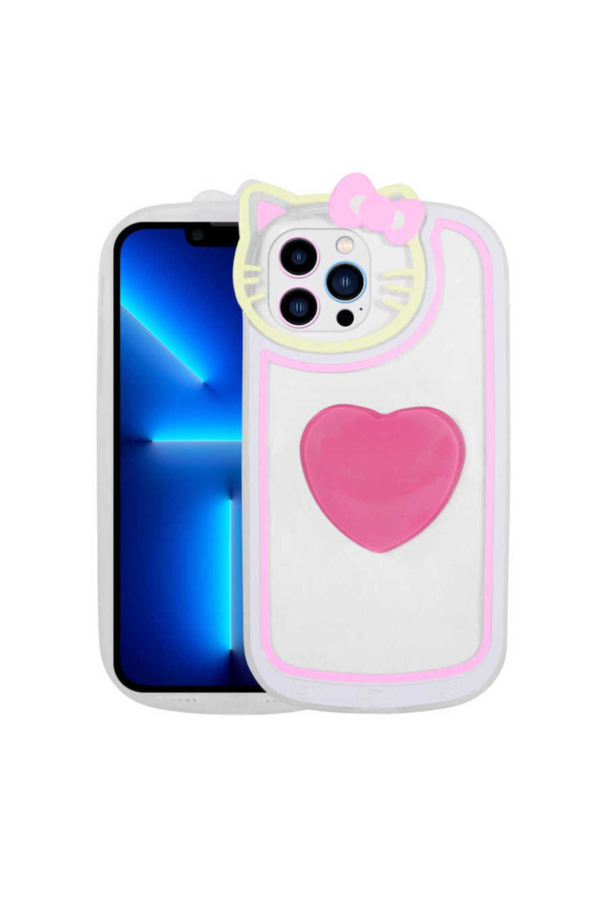 iPhone 13 Pro Max Uyumlu Kedi Figürlü Transparan Pop Soketli BSAY Ritmik Kılıf-Sarı Pembe Koyu