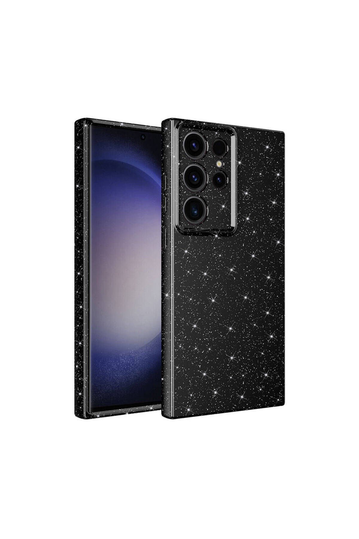 Galaxy S24 Ultra Kılıf Kamera Korumalı Simli Lüks BSAY Koton Kapak - Pembe Koyu Siyah