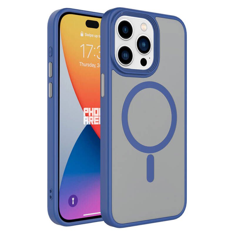 iPhone 15 Pro Max Kılıf Mat Arka Yüzey Wireless Şarj Özellikli Zore Flet M-safe Kılıf Mavi