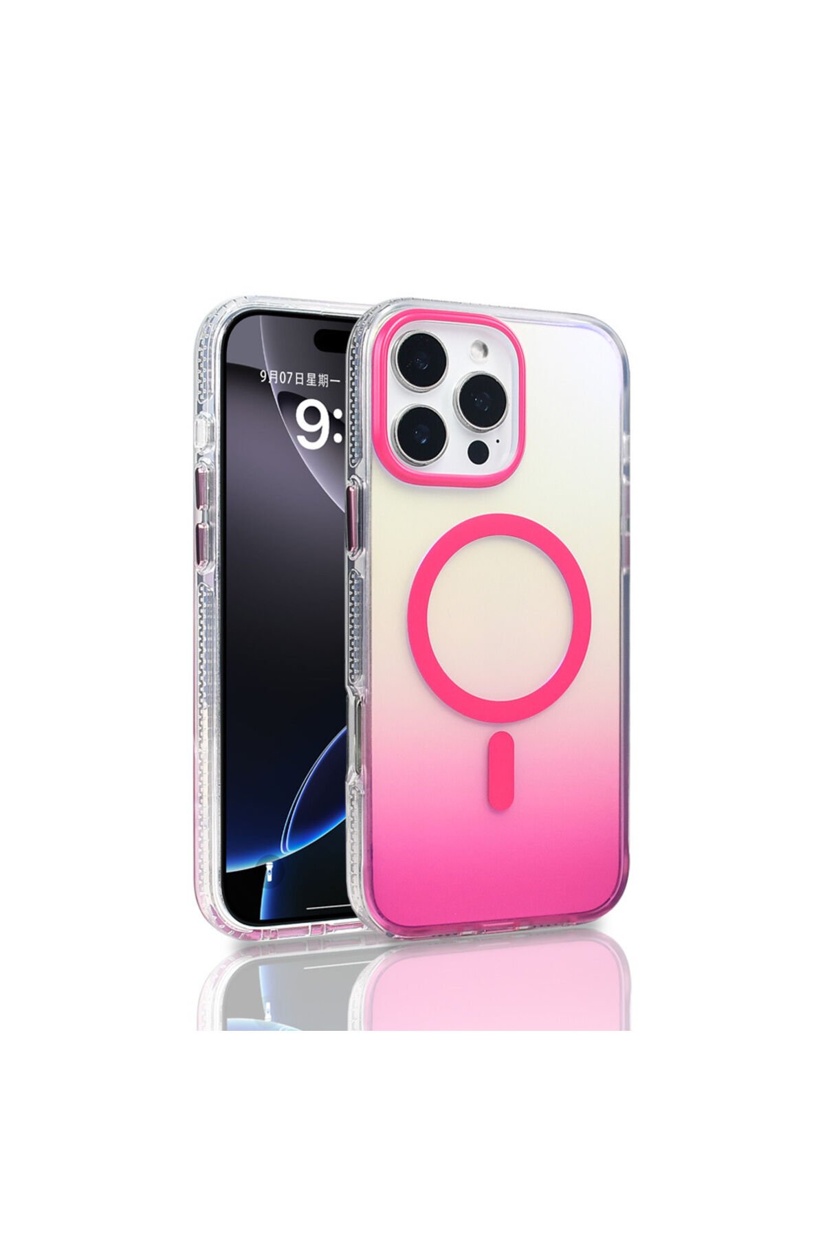 iPhone 16 Pro Max Kılıf M-safe Şarj Özellikli Transparan Renk Geçişli BSAY Toros Kapak - Siyah Pembe