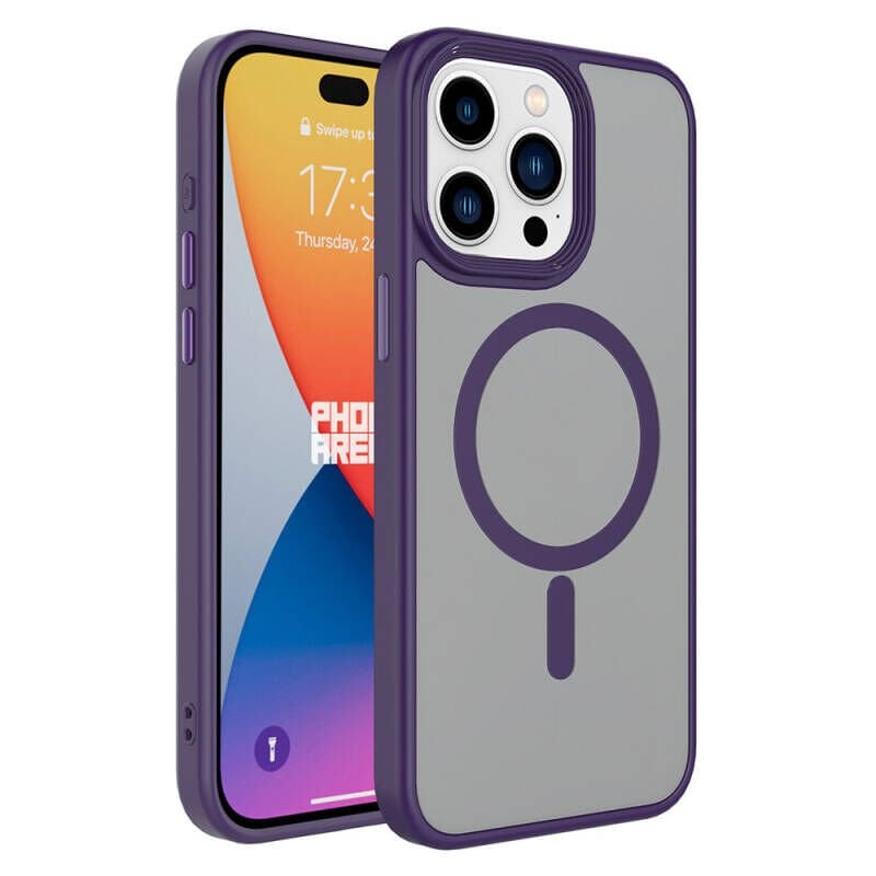 iPhone 15 Pro Max Kılıf Mat Arka Yüzey Wireless Şarj Özellikli Zore Flet M-safe Kılıf Mor