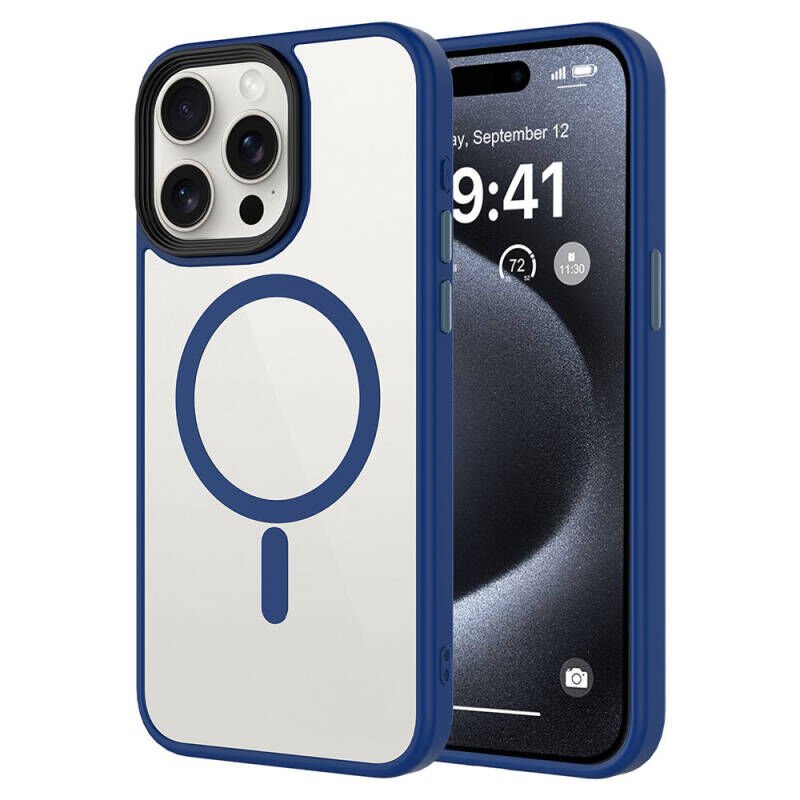 iPhone 15 Pro Max Kılıf Mat Arka Yüzey Wireless Şarj Özellikli Zore Flet M-safe Kılıf Midnight