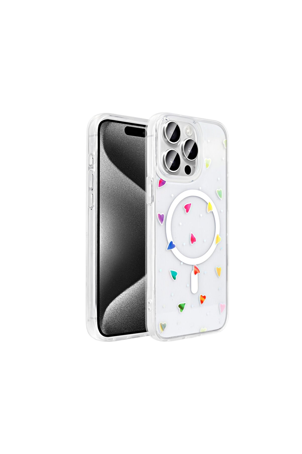 iPhone 15 Pro Kılıf M-Safe Şarj Özellikli Şeffaf BSAY Folk Sert Kapak - Kalp