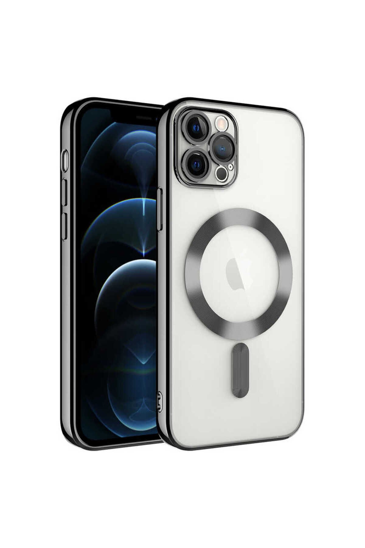 iPhone 12 Pro Max Uyumlu Kamera Korumalı Magsafe Wireless Şarj Özellikli BSAY Demre Kılıf-Gold Siyah