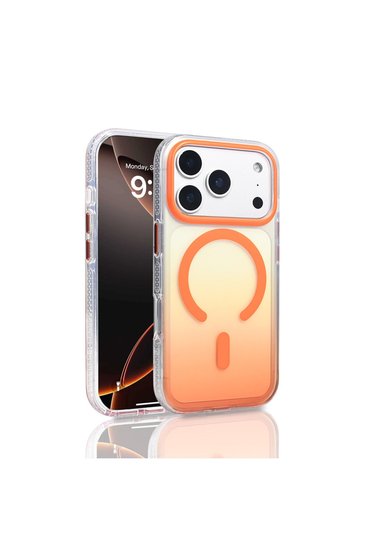 iPhone 17 Pro Kılıf M-safe Şarj Özellikli Transparan Renk Geçişli BSAY Toros Kapak - Siyah Turuncu