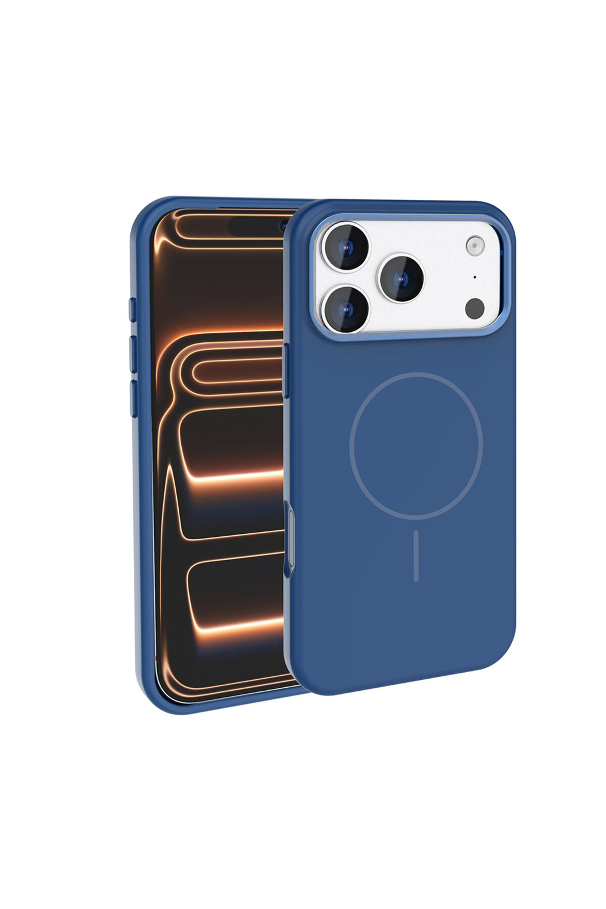 iPhone 17 Pro Kılıf M-Safe Şarj Özellikli Metal Kamera Çerçeveli Zore Edi Silikon Kapak - Turuncu Lacivert