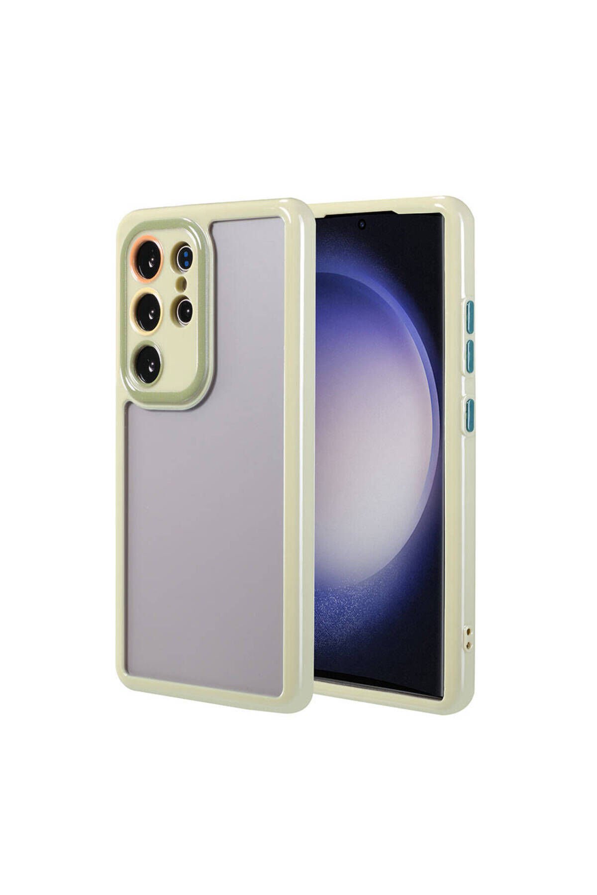 Galaxy S23 Ultra Kılıf Kamera Korumalı Renkli Kenar ve Çerçeve Tasarımlı BSAY Vitamin Kapak-Siyah Yeşil
