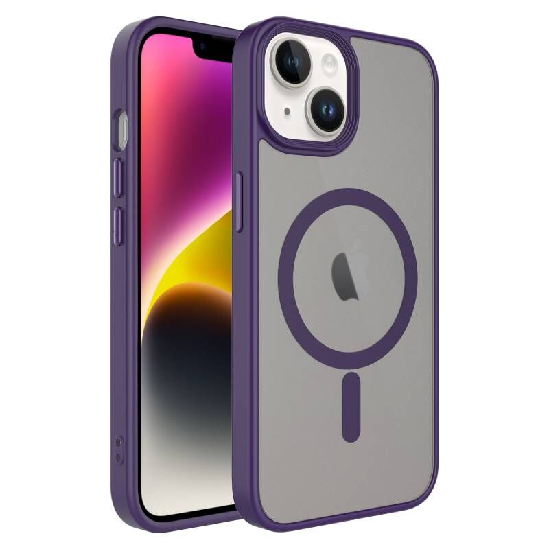 iPhone 14 Plus Kılıf Mat Arka Yüzey Wireless Şarj Özellikli Zore Flet M-safe Kılıf Mor