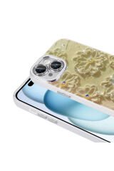 iPhone 15 Kılıf Çiçek Desenli Parlak Taşlı Sert Silikon BSAY Garden Kapak - Pembe Açık