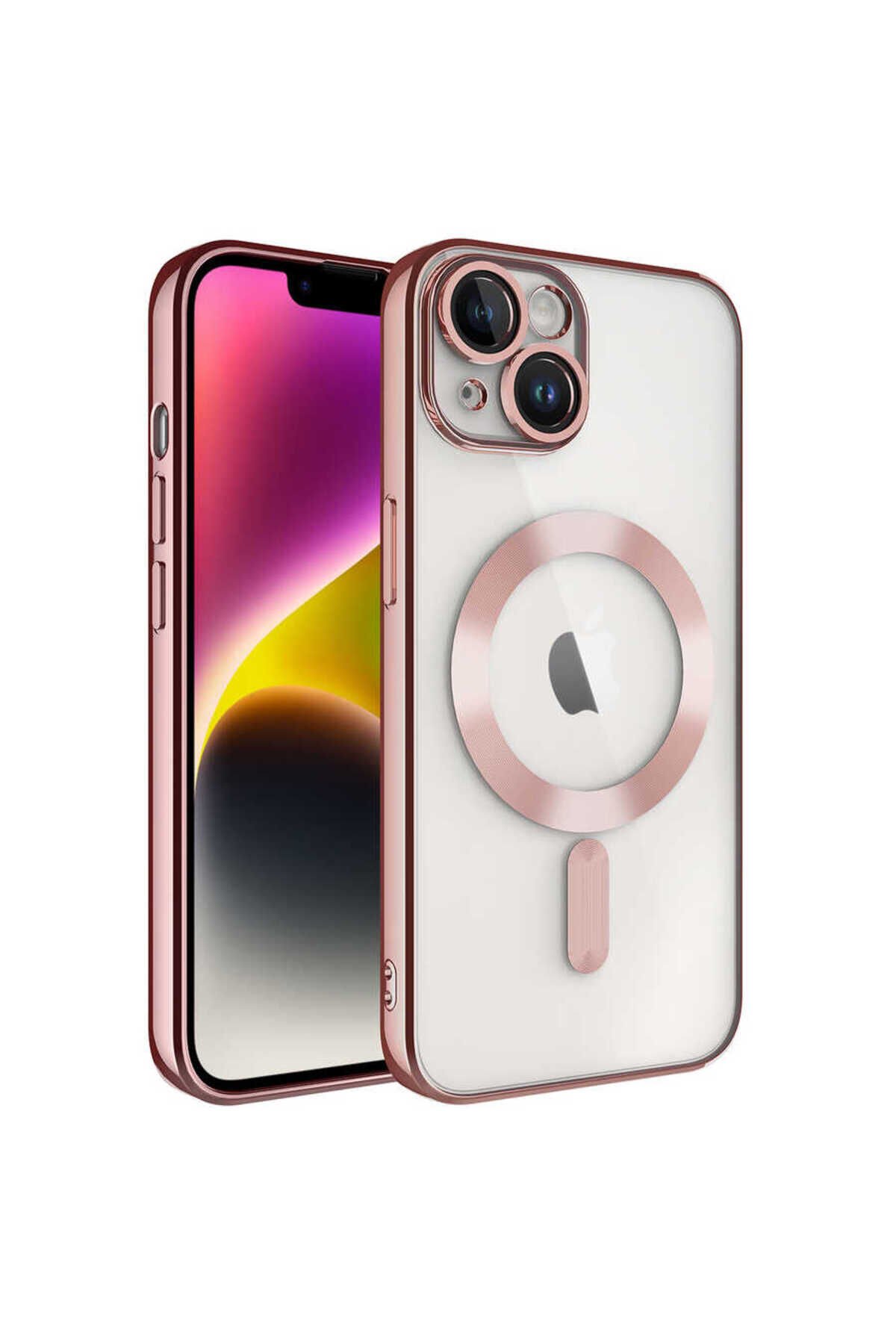 iPhone 14 Plus Uyumlu Kamera Korumalı Magsafe Wireless Şarj Özellikli BSAY Demre Kılıf-Koyu Ye Rose Gold