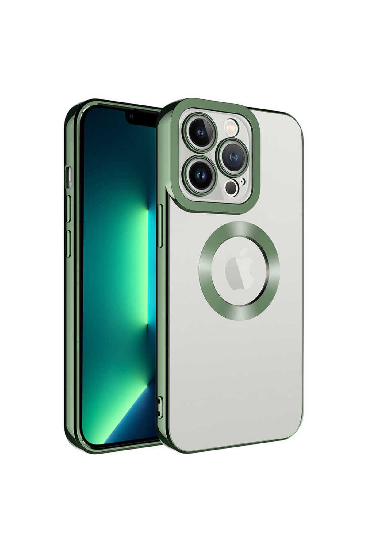 iPhone 13 Pro Uyumlu Kamera Korumalı Logo Gösteren BSAY Omega Kılıf-Siyah Yeşil