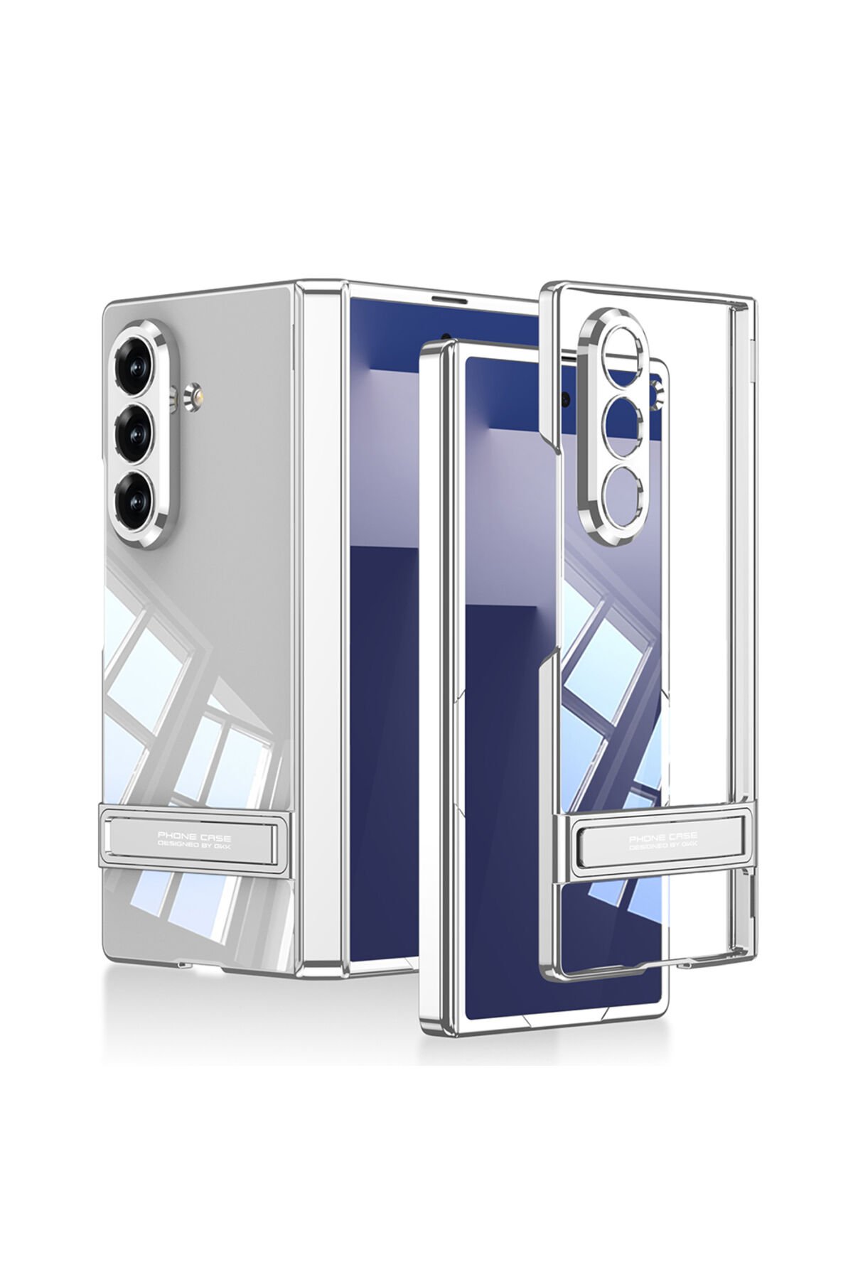 Galaxy Z Fold 7 Kılıf Kamera Korumalı Şeffaf Tasarımlı Lego Standlı Kapak - Gümüş