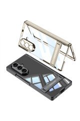 Galaxy Z Fold 7 Kılıf Kamera Korumalı Şeffaf Tasarımlı Lego Standlı Kapak - Gümüş