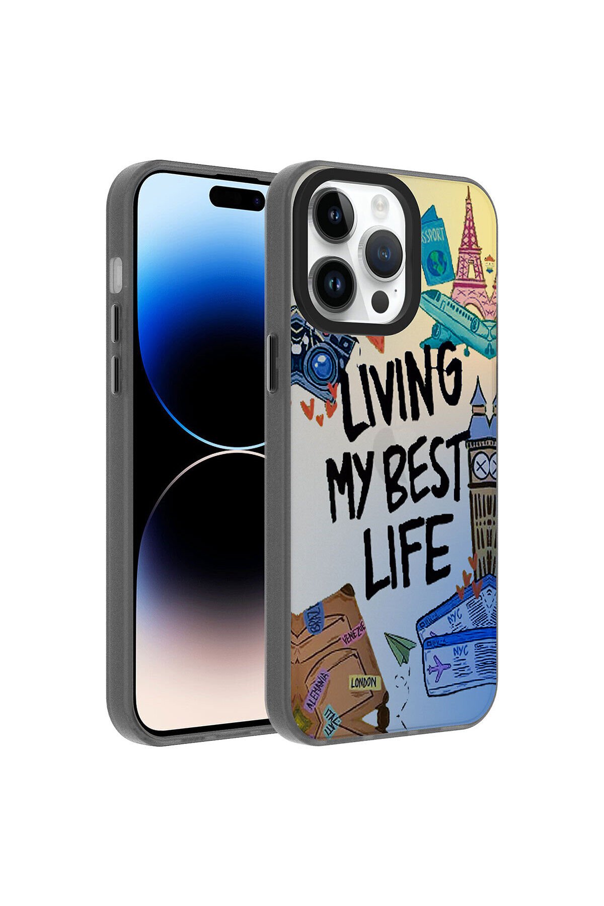 iPhone 14 Pro Max Uyumlu Desenli BSAY Dragon Sert Kılıf-Seyahat Seyahat