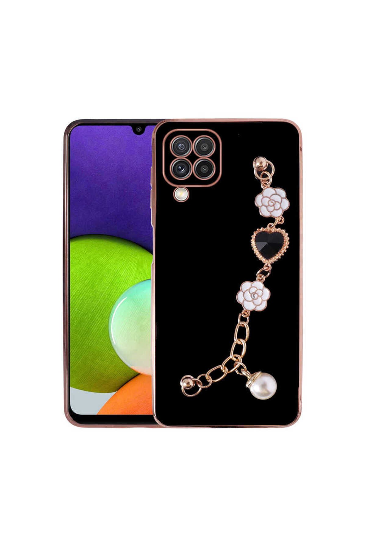 Galaxy A22 4G Kılıf El Tutamaçlı Kamera Korumalı BSAY Taka Silikon Kapak - Beyaz Siyah