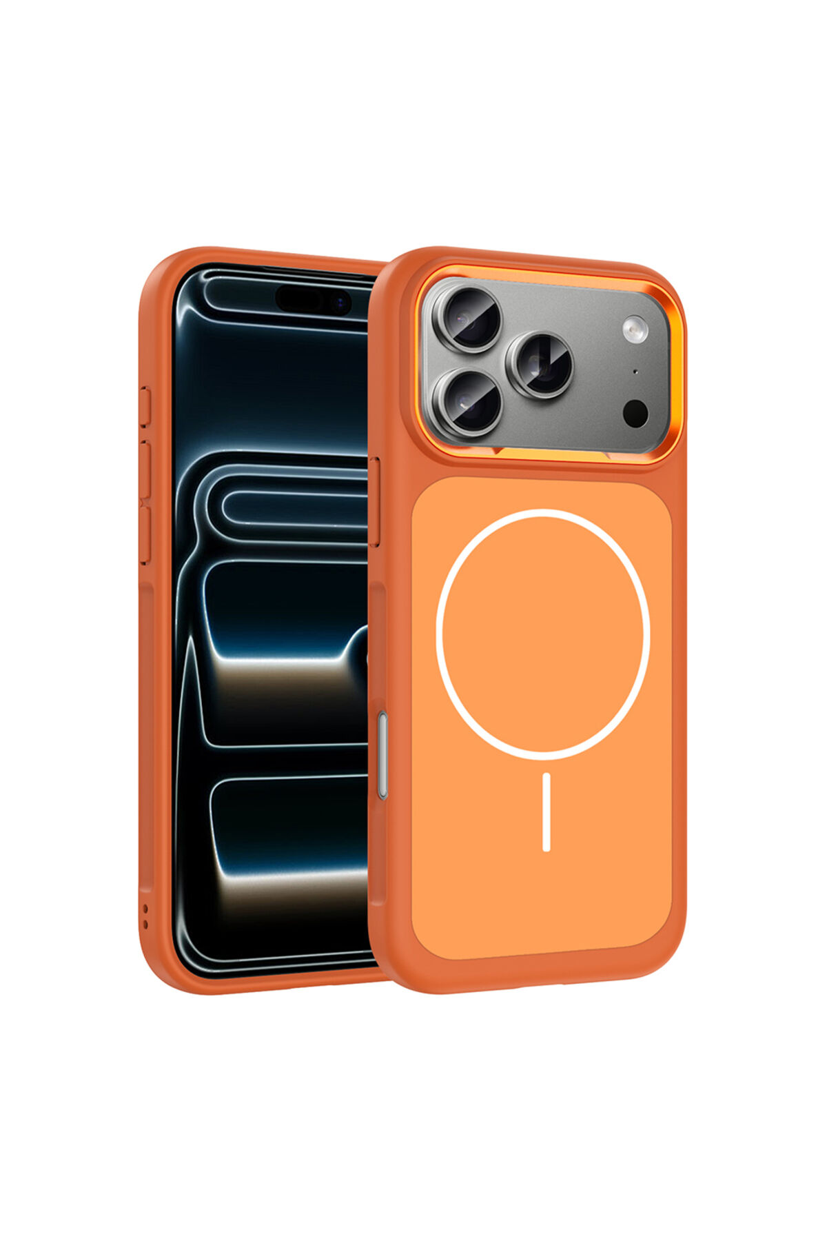 iPhone 17 Pro Kılıf M-Safe Şarj Özellikli Metal Kamera Çerçeveli Zore Sanremo Silikon Kapak - Gri Turuncu