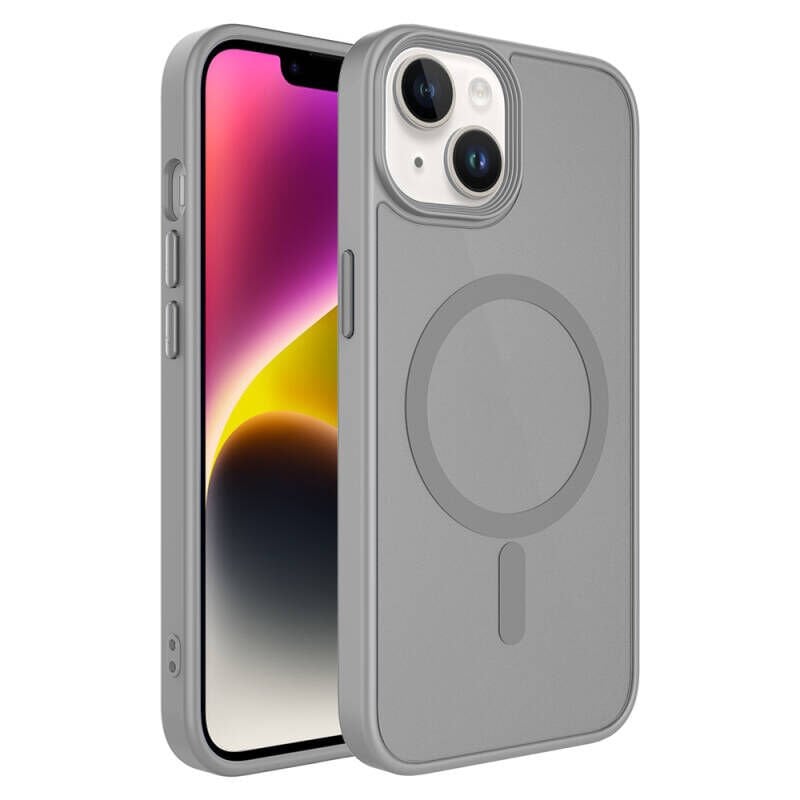 iPhone 13 Kılıf Mat Arka Yüzey Wireless Şarj Özellikli Zore Flet M-safe Kılıf Gri