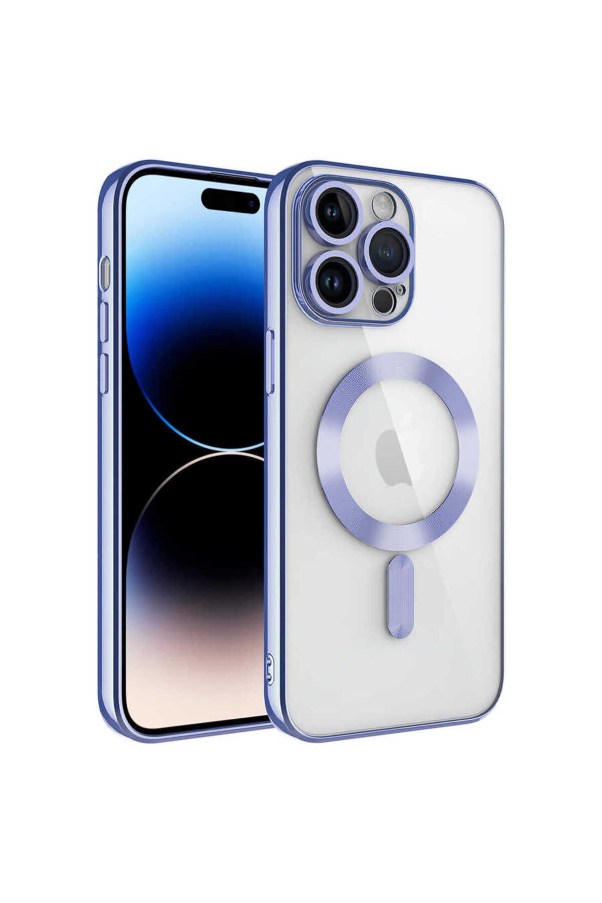 iPhone 14 Pro Uyumlu Kamera Korumalı Magsafe Wireless Şarj Özellikli BSAY Demre Kılıf-Gold Lila