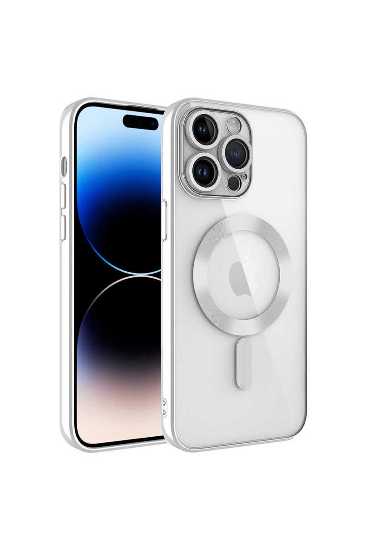 iPhone 14 Pro Max Uyumlu Kamera Korumalı Magsafe Wireless Şarj Özellikli BSAY Demre Kılıf-Sier Gümüş