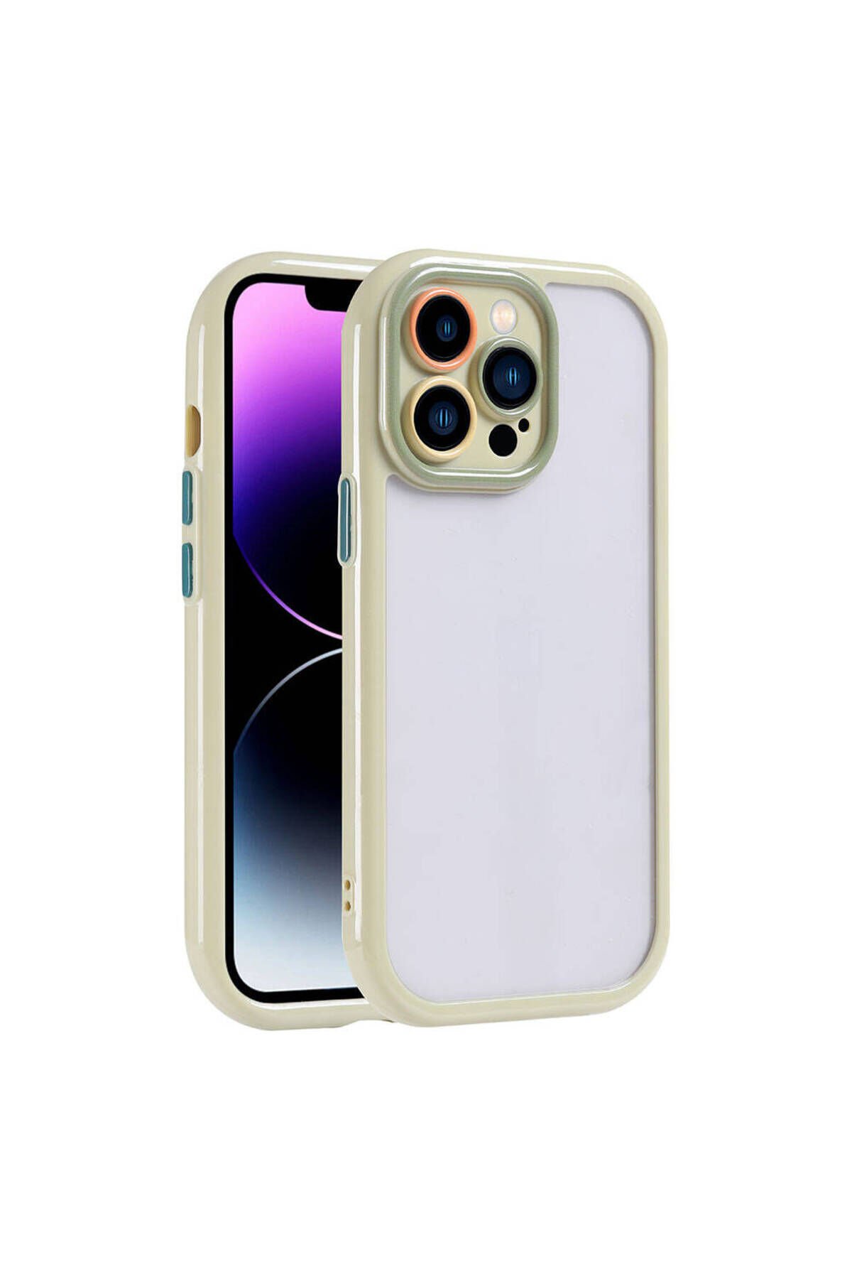 iPhone 14 Pro Max Kılıf Kamera Korumalı Renkli Kenar ve Çerçeve Tasarımlı BSAY Vitamin Kapak-Mürdüm Yeşil