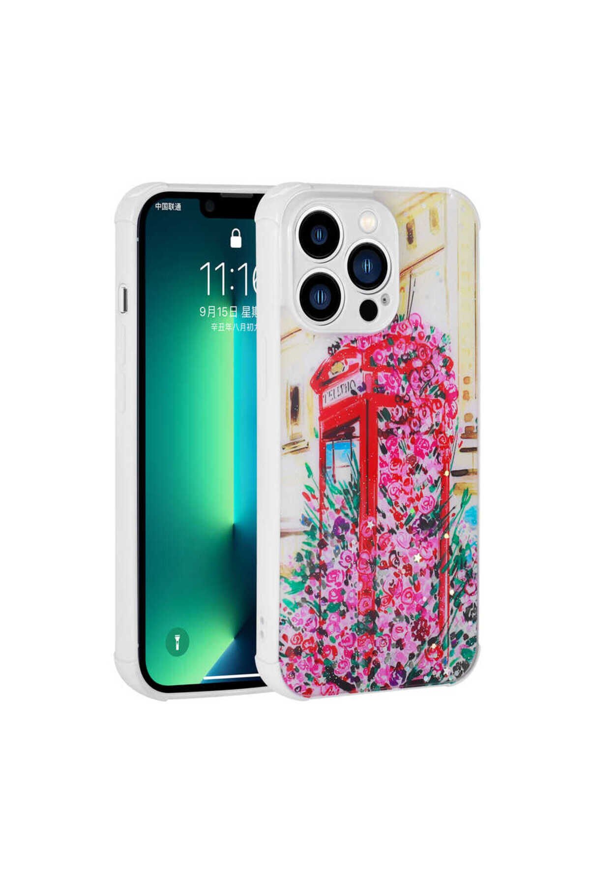 iPhone 12 Pro Uyumlu Simli Desenli Kamera Korumalı Parlak BSAY Popy Kılıf-PaNSM-ya Kulübe