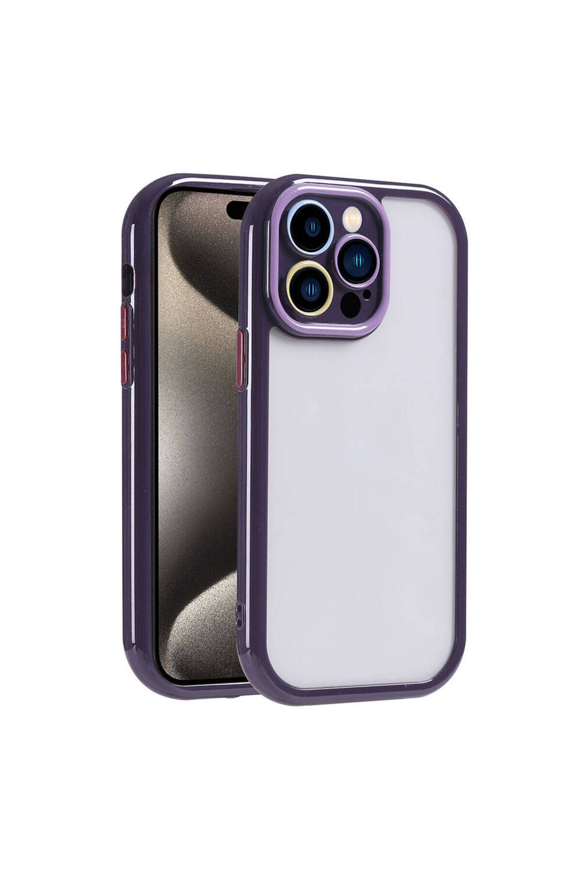 iPhone 15 Pro Kılıf Kamera Korumalı Renkli Kenar ve Çerçeve Tasarımlı BSAY Vitamin Kapak-Siyah Derin Mor