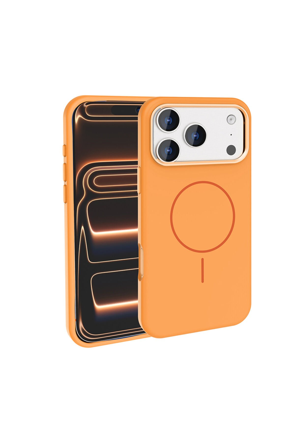 iPhone 17 Pro Max Kılıf M-Safe Şarj Özellikli Metal Kamera Çerçeveli BSAY Edi Silikon Kapak - Titany Turuncu