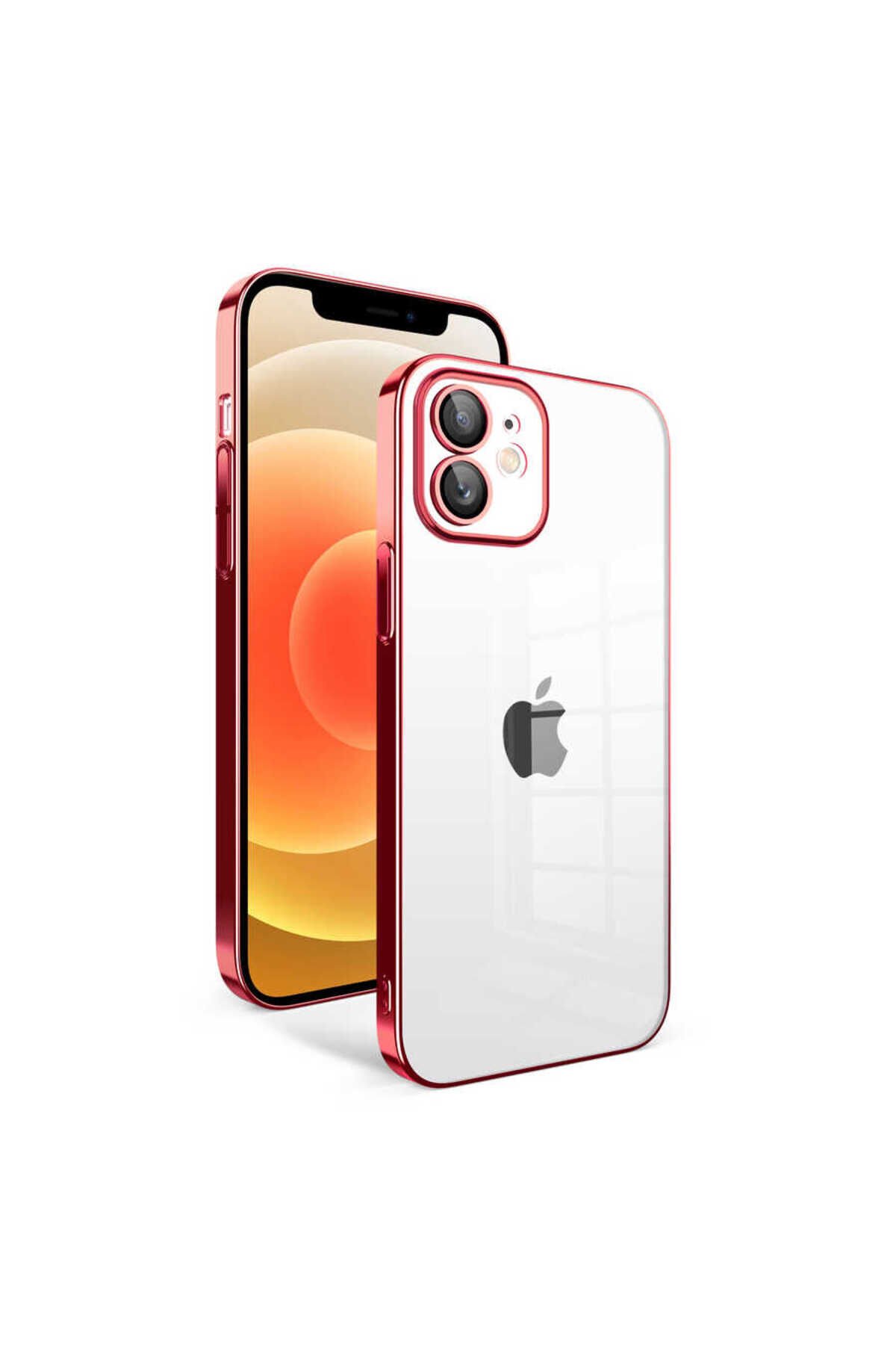 iPhone 12 Uyumlu Kamera Korumalı Renkli Çerçeveli BSAY Garaj Kılıf-Gold Kırmızı