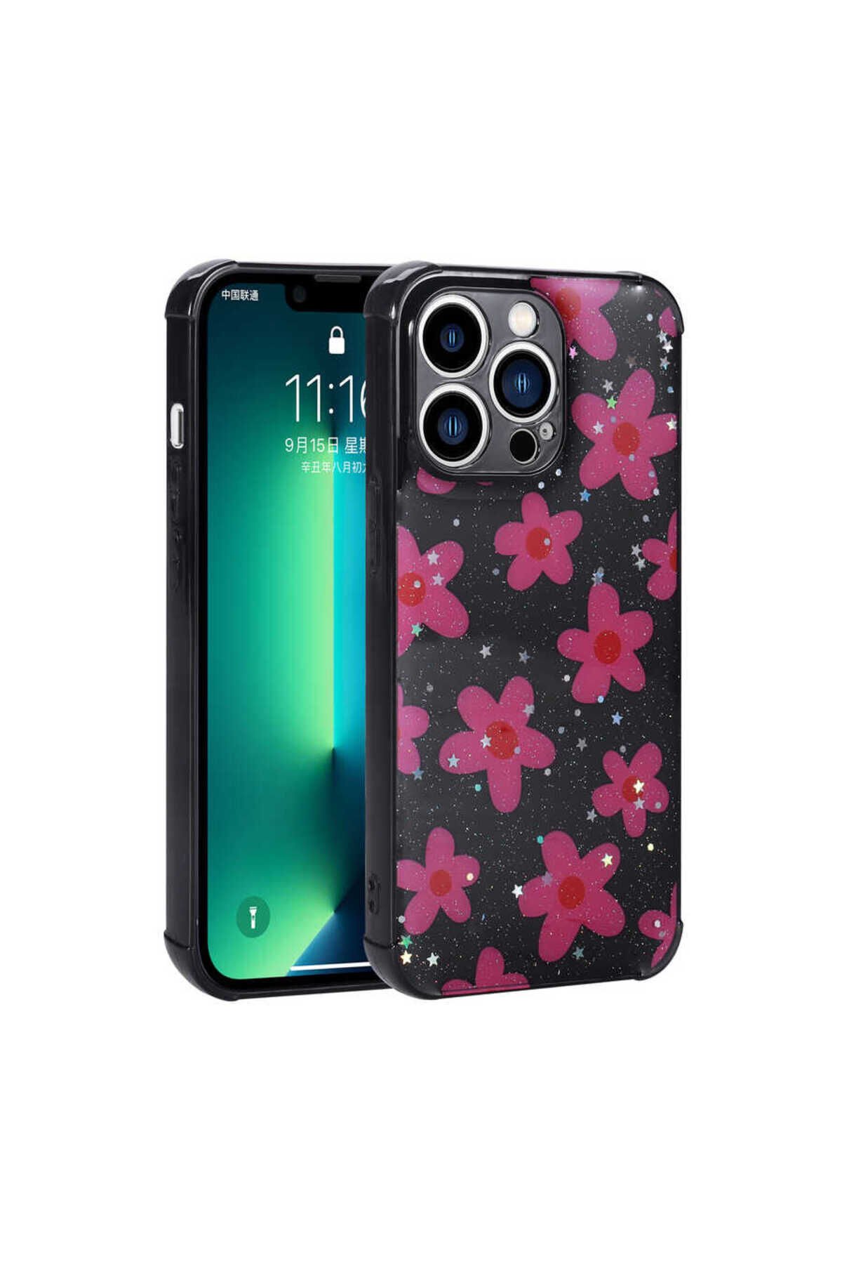 iPhone 12 Pro Max Uyumlu Simli Desenli Kamera Korumalı Parlak BSAY Popy Kılıf-Kalp Çiçek