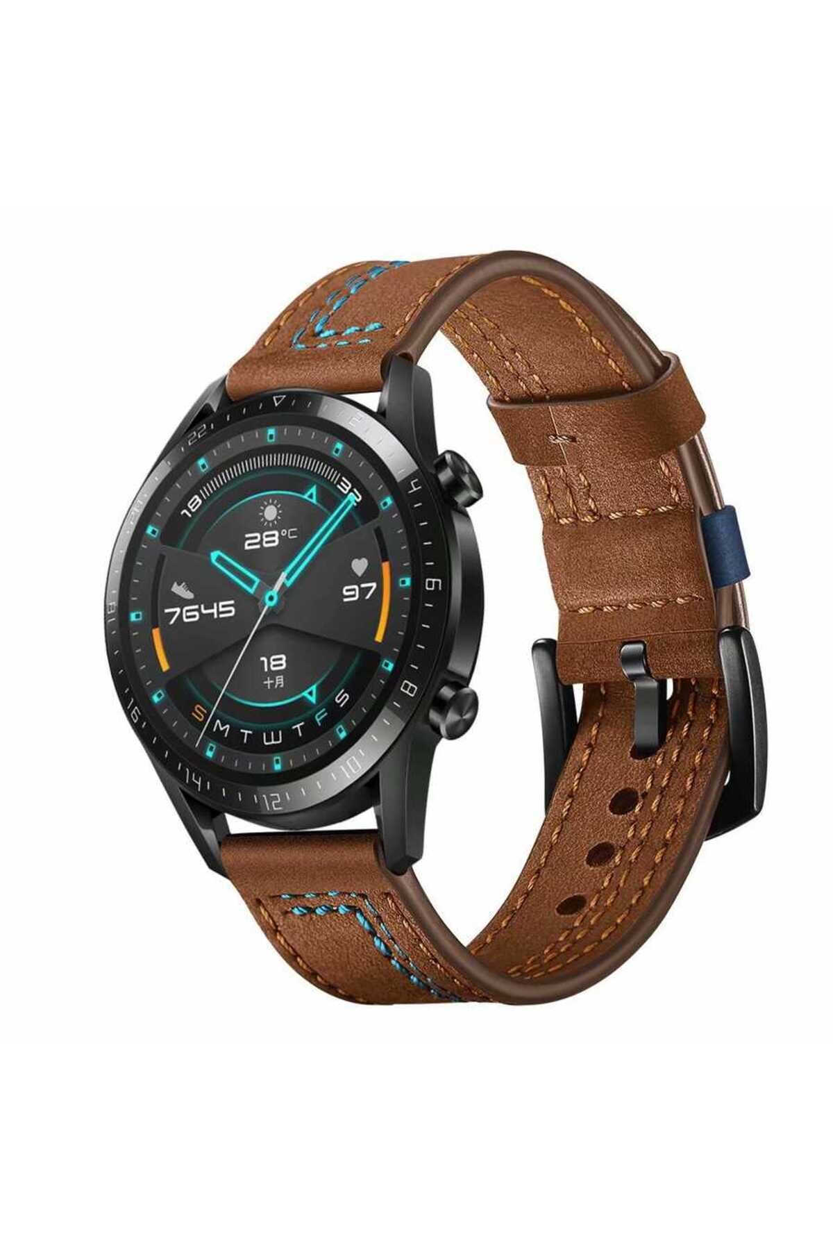 Galaxy Watch 46mm (22mm) Uyumlu KRD-19 Deri BSAY Kordon-Siyah Kahverengi