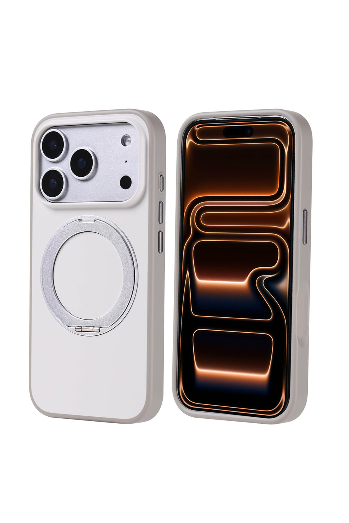 iPhone 17 Pro Kılıf M-Safe Şarj Özellikli Standlı Zore Proton Silikon Kapak - Turuncu Gri
