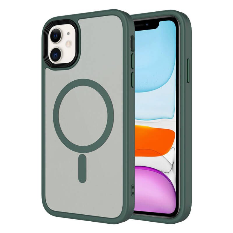 iPhone 11 Kılıf Mat Arka Yüzey Wireless Şarj Özellikli Zore Flet M-safe Kılıf Koyu Yeşil