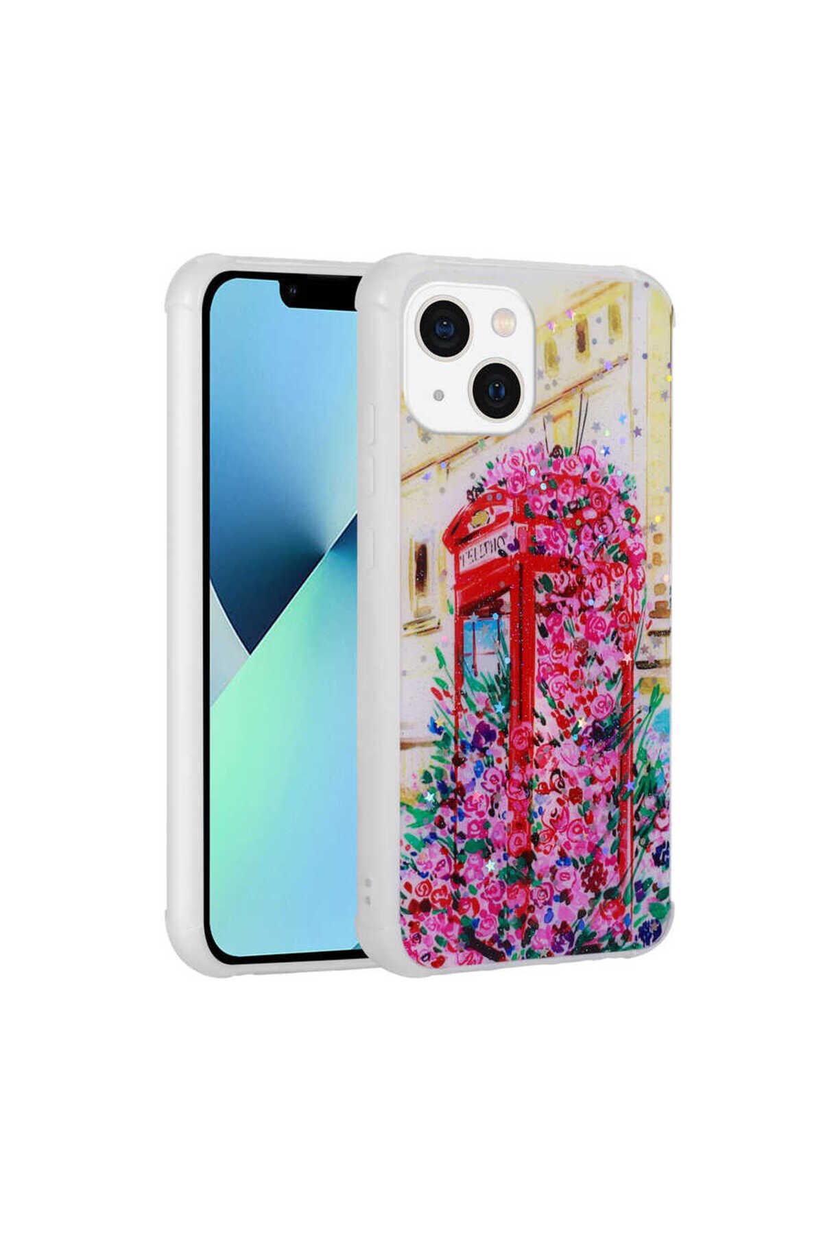 iPhone 13 Uyumlu Simli Desenli Kamera Korumalı Parlak BSAY Popy Kılıf-Çiçek Kulübe