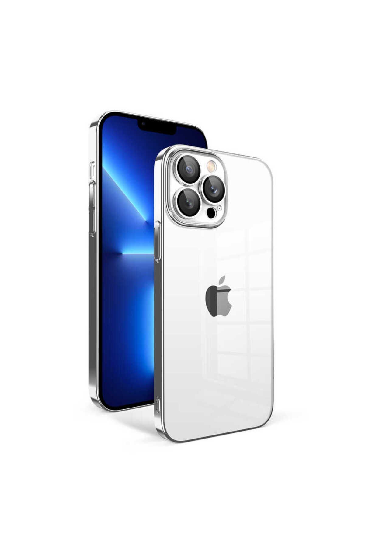iPhone 12 Pro Uyumlu Kamera Korumalı Renkli Çerçeveli BSAY Garaj Kılıf-Gold Gümüş