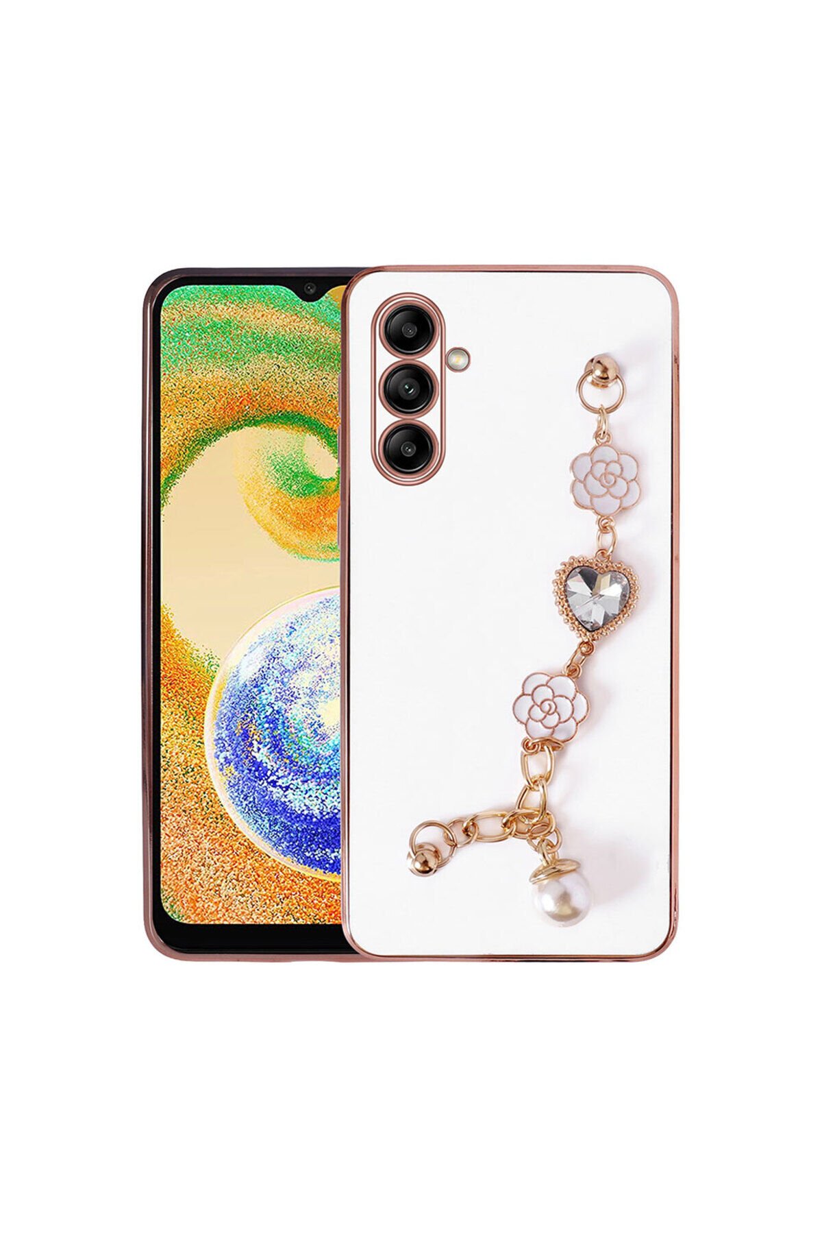 Galaxy A04S Kılıf El Tutamaçlı Kamera Korumalı BSAY Taka Silikon Kapak - Pembe Beyaz