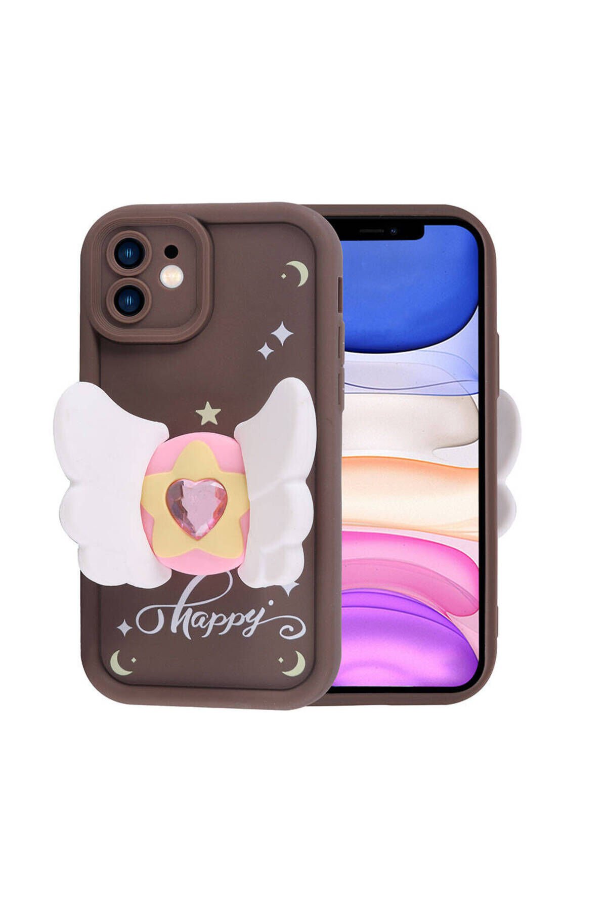 iPhone 11 Kılıf Kamera Korumalı Figür Tasarımlı BSAY Kapya Kapak-Pembe Koyu Koyu Kahve