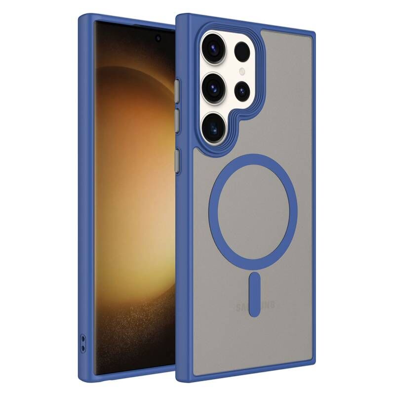 Galaxy S23 Ultra Kılıf Mat Arka Yüzey Wireless Şarj Özellikli Zore Flet M-safe Kılıf Mavi