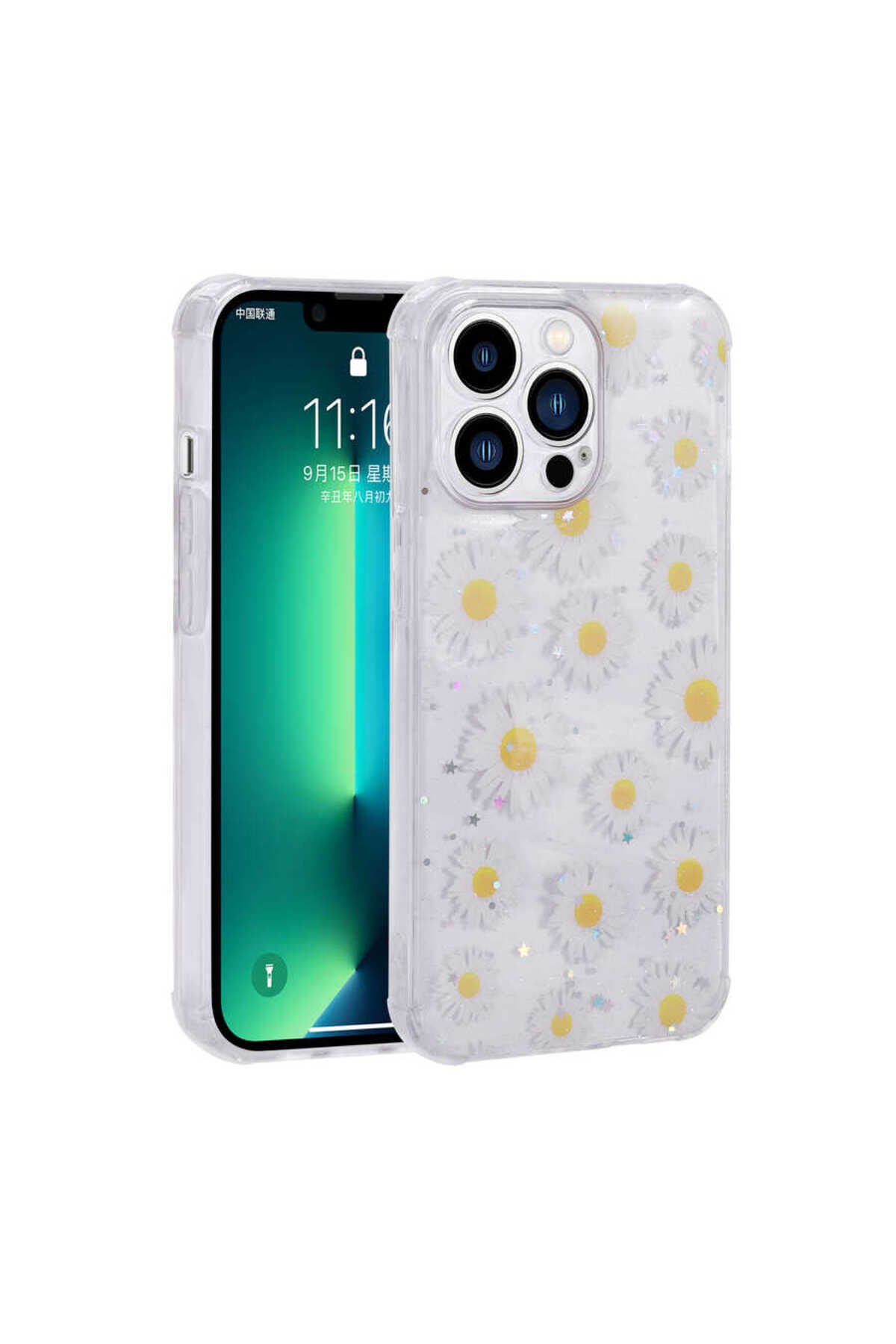 iPhone 13 Pro Uyumlu Simli Desenli Kamera Korumalı Parlak BSAY Popy Kılıf-Çiçek Pansm-Ya