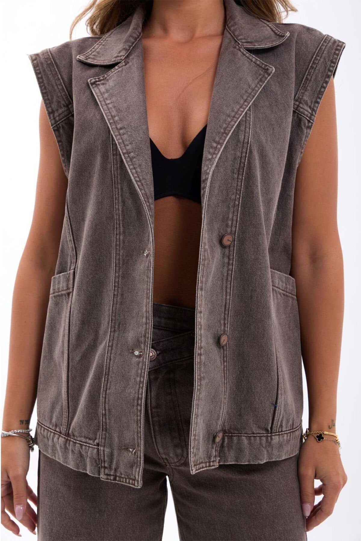 Açık Kahve Denim Yelek Takım Üstü – %100 Pamuk L