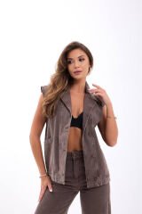 Açık Kahve Denim Yelek Takım Üstü – %100 Pamuk L