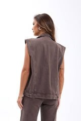 Açık Kahve Denim Yelek Takım Üstü – %100 Pamuk L